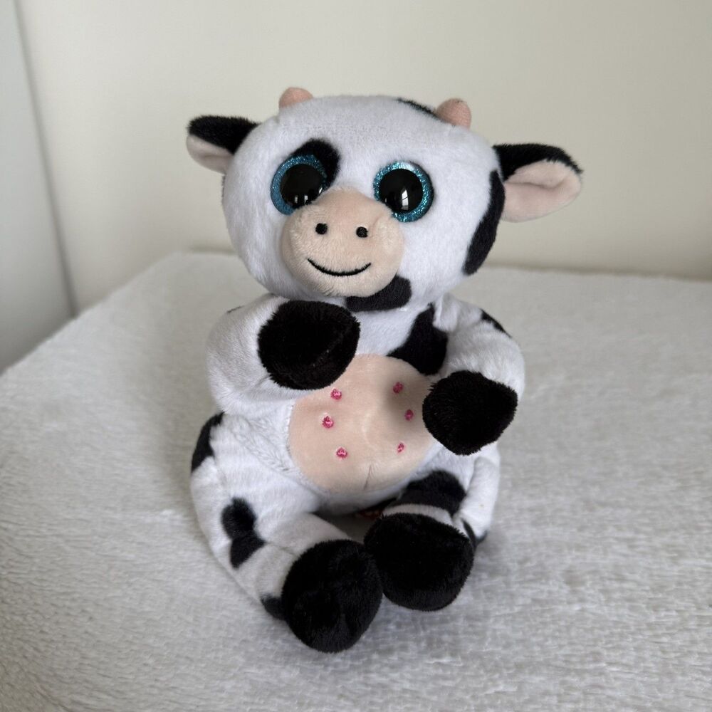 Ty Beanie Bellies Herdly Cow Plush Stuffed Animal Black White Blue Eyes 6in